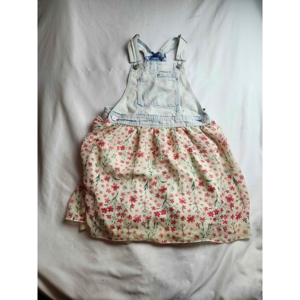 Jordache Girls Denim Floral Bib Overall Dress Light Wash Eyelet Trim Size 10-12
